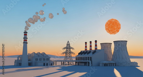 Industrial power plant with cooling towers and smokestacks at sunset.