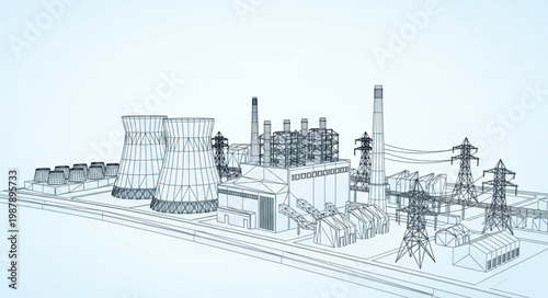 Industrial power plant complex with smokestacks and transmission towers.