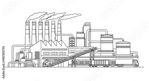 Industrial Factory Building with Smoke Stacks and Structures.