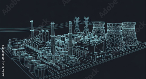 Modern industrial power plant complex schematic drawing.