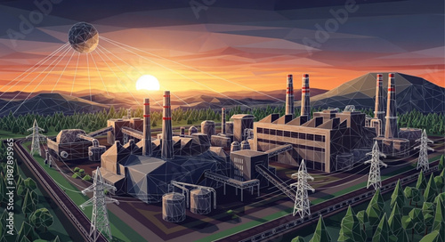 Industrial power plant complex at sunset with planet in sky.