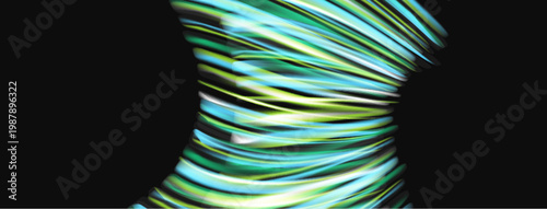 Abstract digital sculpture. Flowing lines create humanoid form. Vibrant blues, greens, yellows dominate dark background. Dynamic, modern aesthetic.