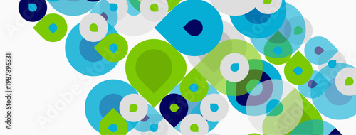Abstract circles overlap, creating vibrant blue, green hues. Composition feels modern, clean, dynamic. Simple shapes suggest growth, connection.