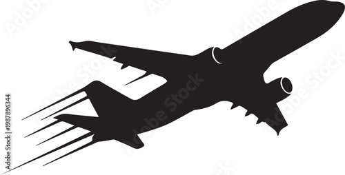 Airplane silhouette, flying plane icon, black aircraft vector, travel symbol