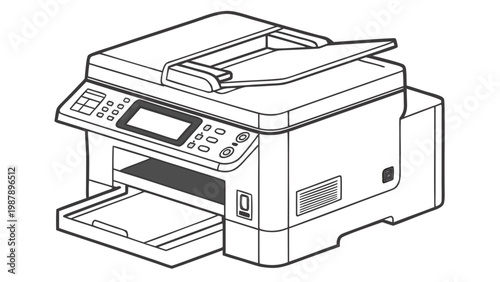 Vector illustration of modern office printer. Flat design, minimalist style. Ideal for technology, business and office equipment concepts.