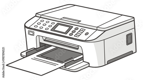 Vector illustration of modern office printer. Flat design, minimalist style. Ideal for technology, business and office equipment concepts.