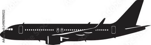 Airplane silhouette, black aircraft, commercial plane icon, aviation symbol