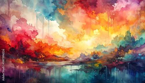 A vibrant watercolor landscape with a colorful sky reflecting in a serene body of water. Trees frame the scene, creating a dreamlike atmosphere