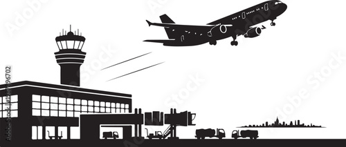 Airport, airplane, travel, transportation, vector, black, silhouette, illustration, air travel, flight