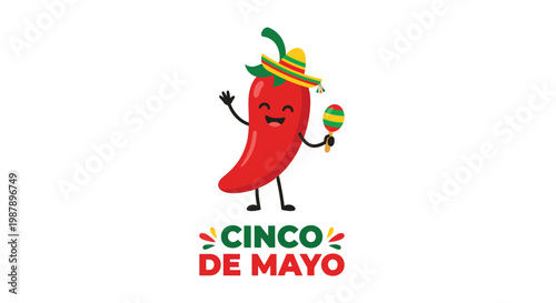 A cheerful chili pepper character celebrates cinco de mayo with music