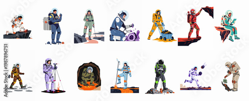 Set of diverse astronauts in colorful space suits exploring, mining, and conducting research on an extraterrestrial planet surface.