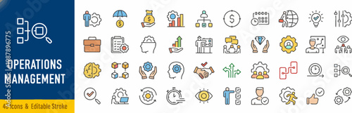 operations management icons set, business workflow and strategy symbols