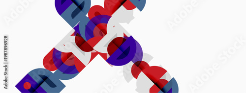 Abstract design features overlapping colorful shapes. Red, blue, white elements create dynamic composition. Modern aesthetic.