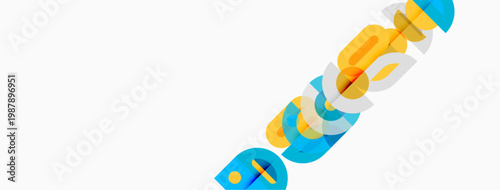 Abstract colorful design. Geometric shapes overlap, creating dynamic visual effect. Bright hues dominate white background.