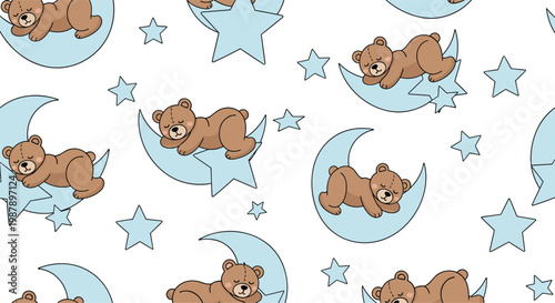 Sleeping teddy bears on crescent moons with stars during the night sky seamless pattern