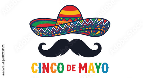 A colorful sombrero and mustache with the text cinco de mayo