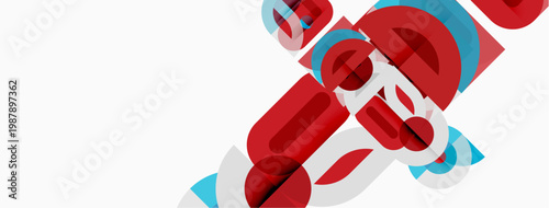 Abstract graphic design features overlapping red, white, blue shapes. Modern aesthetic, clean lines, minimalist composition.