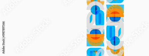 Abstract geometric shapes, blue, orange, white. Minimalist design, modern aesthetic, clean lines, simple composition.