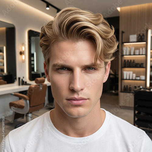Portrait of a blond man in a hair salon