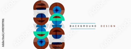 Abstract geometric shapes, stacked vertically. Blue, red, teal colors dominate design. Minimalist aesthetic, clean lines present.