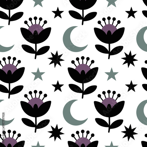 A flower icon illustration with crescent moon and stars on white background