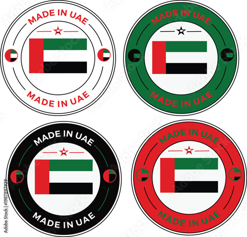 Four circular Made in UAE stickers with the UAE flag