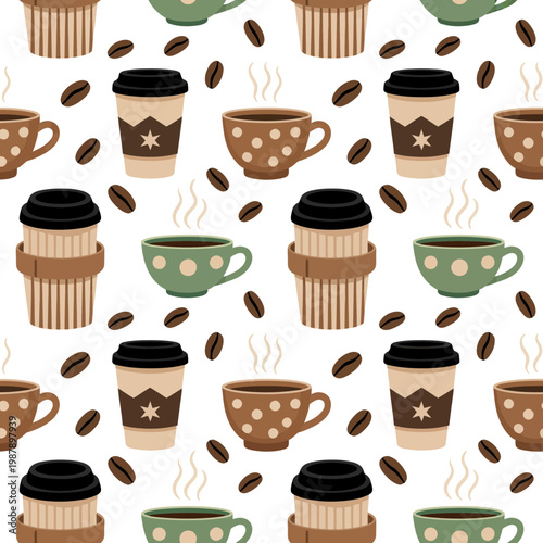 Coffee cup vector illustration with coffee beans on white background
