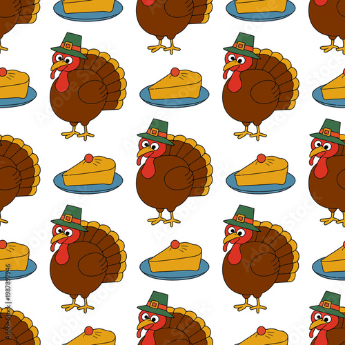 A cartoon turkey wearing a pilgrim hat in a Thanksgiving pattern with pumpkin pie