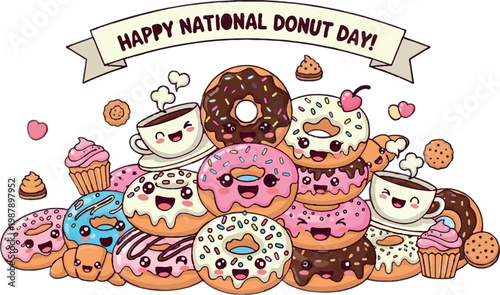 Donut illustrations, National Donut Day, sweet treats, colorful desserts, pastry collection