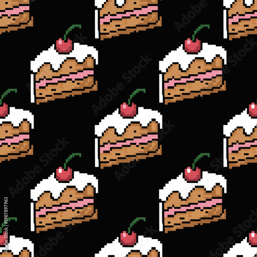 A cake pixel art illustration with cherry on top and white frosting
