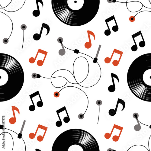 Music vinyl records and earbuds with musical notes on yellow background illustration