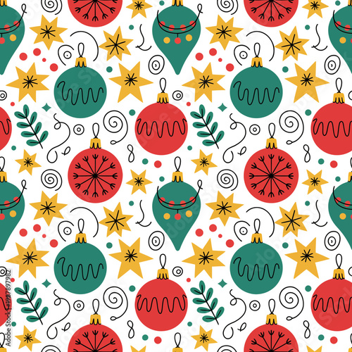 Christmas ornament seamless pattern with colorful illustrations on white background