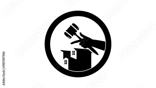 index finger of hand with hammer pointing to house auction, black isolated silhouette