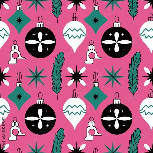 A Christmas ornament seamless pattern on a pink background with green and white accents