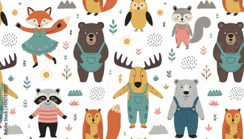A whimsical illustration of forest animals in overalls and dresses on a white background