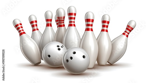 Realistic rendering of bowling pins with red stripes and two bowling balls, one in front. White background