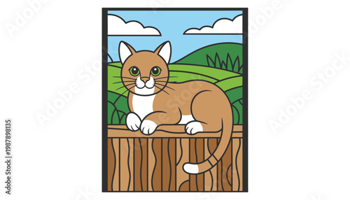 A cute cartoon cat illustration sitting on a wooden fence post