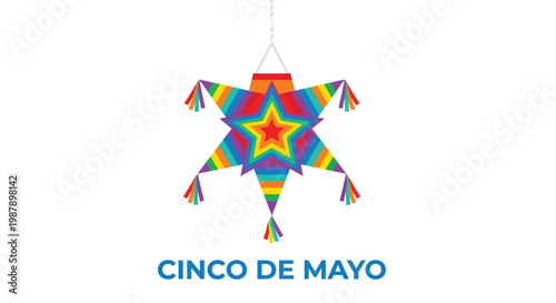 Colorful star shaped pi ata hanging with cinco de mayo text below