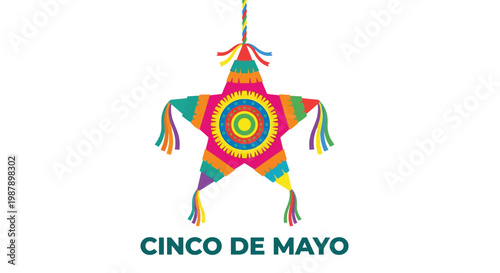 A vibrant star shaped pi ata with colorful decorations and festive text