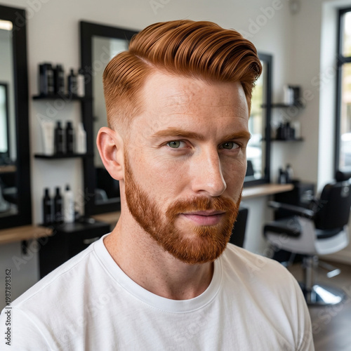 Redhead man with a comb over haircut in a hair salon