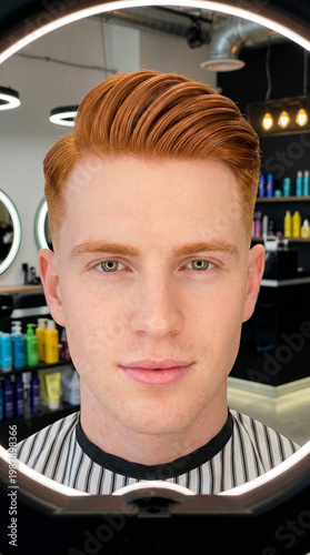 Redhead man with blue eyes in a hair salon