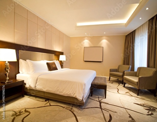 Modern Luxury Hotel Bedroom with King Size Bed, Balcony View, and Suitcase for Travel and Vacation
