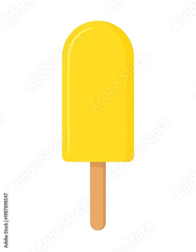 A simple illustration of a yellow popsicle on a wooden stick against a stark white background. It has a rounded top