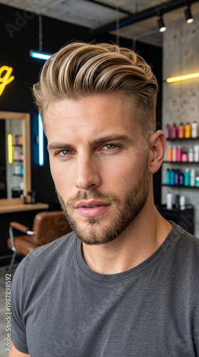Close-up of a blond man in a hair salon