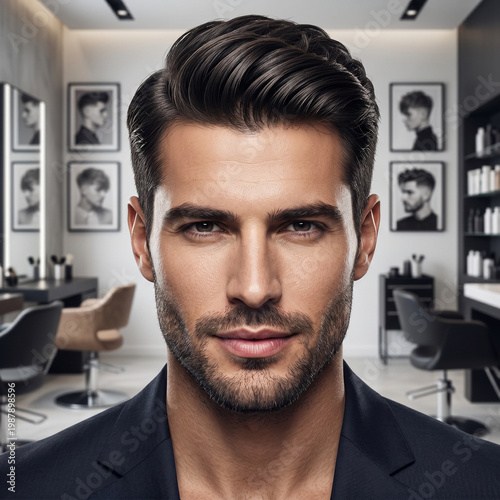 Close-up of a brunette man with a comb over haircut