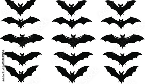 Flying bats group isolated on white background. Black night bat silhouettes