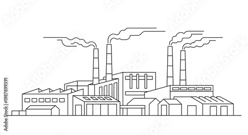Industrial factory with smoking chimneys and buildings illustration.