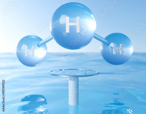 3D Molecular Structure of Hydrogen H2 Molecule with Blue Liquid Spheres and Water Surface Concept
