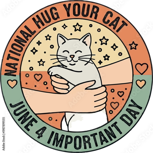 National Hug Your Cat Day, cat hug, feline love, June 4, pet affection, vector icon
