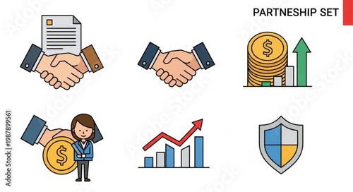 Business Partnership Icons Set Showing Agreement Finance Growth Security.